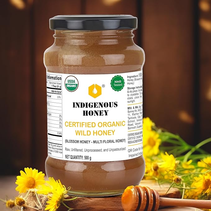 INDIGENOUS HONEY USDA Certified Organic Raw Wild Blossom Honey Unfiltered Small-Batch Micro-Lot Harvest Glass Jar Single-Origin 17.64 oz
