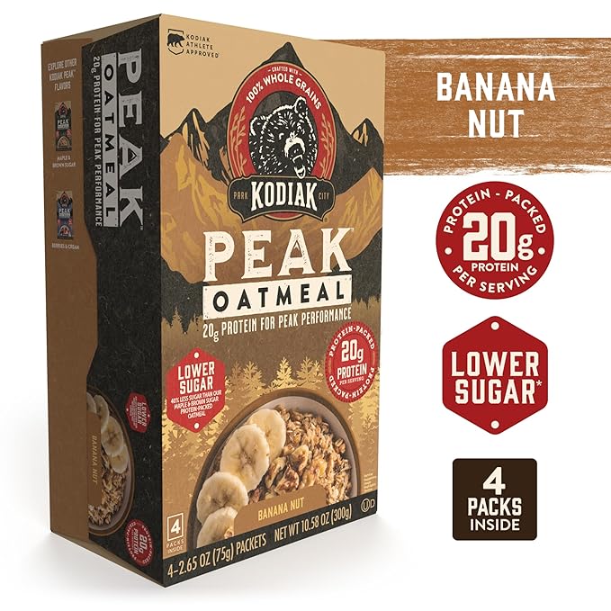 Kodiak Cakes Peak Instant Oatmeal Packets Banana Nut High Protein100% Whole Grains 6 box with 4 packets each (Total of 24 packets)