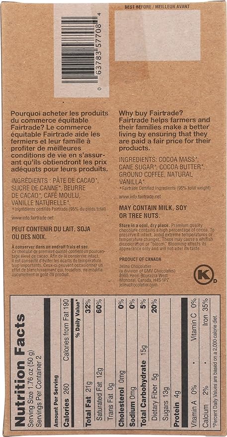 Jelina Chocolatier Espresso Dark Chocolate Fair Trade Kosher 3.52 Ounce (Pack of 8)