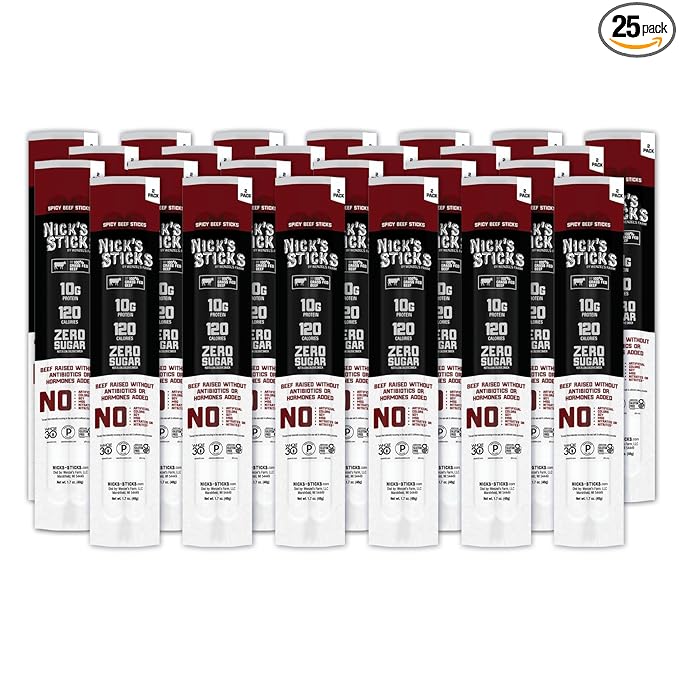 Nick's Sticks Clean &amp Balanced 100% Grass-Fed Spicy Beef Snack Sticks | Made in the USA | Gluten Free | Paleo Keto Whole30 Approved | No Soy Antibiotics or Hormones (25 – 1.7oz. Packs of 2 Stic