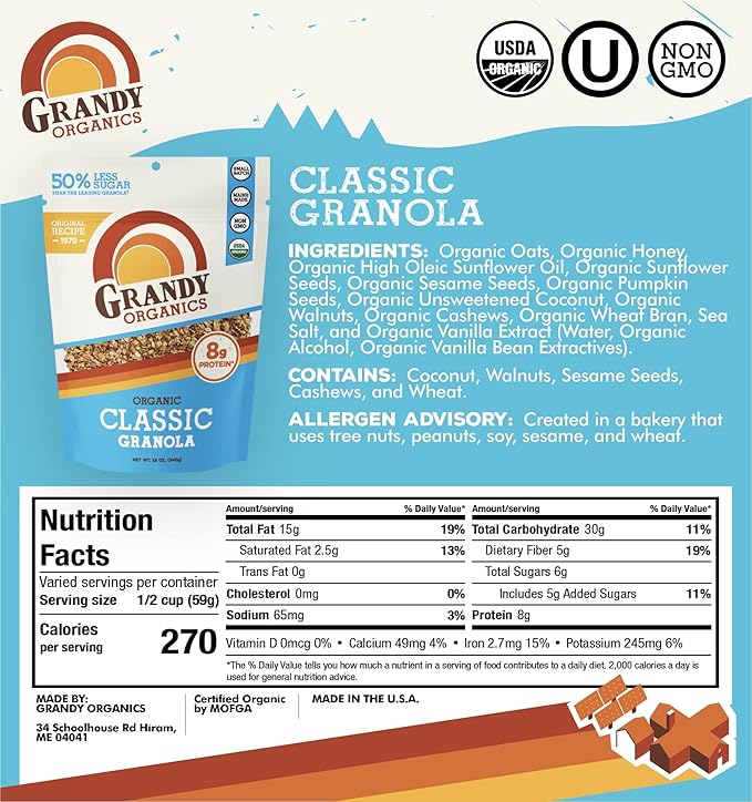 Grandy Organics 10lb Bulk Bag Organic Granola - Classic Granola with Organic Oats Pumpkin Seeds Walnuts &amp Cashews - Low Sugar Dairy Free High Protein Non-GMO &amp Kosher