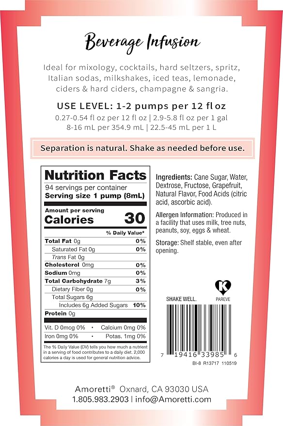 Amoretti - Grapefruit Beverage Infusion 94 Servings Per Bottle (750 ml) - Drink Mix &amp Water Enhancer with Pump for Flavoring Cocktails Waters Teas and other Beverages Preservative Free