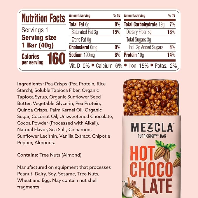 Mezcla Puff-Crispy Plant Based Protein Bars - Hot Chocolate - Healthy Snacks for Kids &amp Adults - Granola Bars for School Travel &amp Office Snacks - Gluten Free Vegan Non GMO 10g Protein - 1