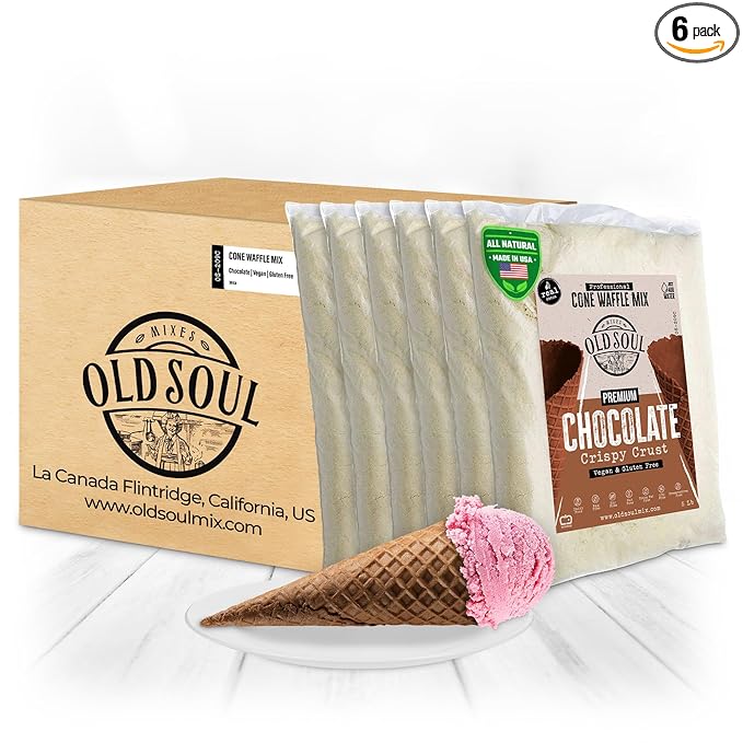 OLDSOUL Professional Cone Waffle Mix | GLUTEN FREE &amp VEGAN | 30 Lbs | Chocolate Flavor | Batter Mix | 672 Cone Waffles (30 Lbs Gluten Free &amp Vegan)