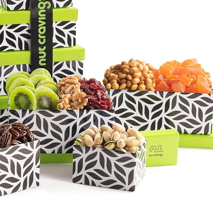 NUT CRAVINGS - Easter Dried Fruit &amp Mixed Nuts Gift Basket Leaf Tower + Ribbon (12 Assortments) Ramadan Gifts Saint Patrick's Day Food Arrangement Healthy Snack Care Package Kosher
