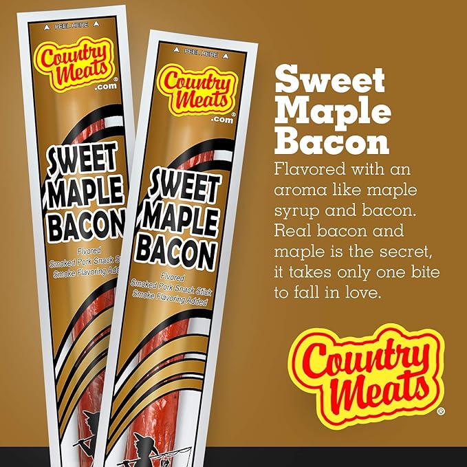 Country Meats Meat Sticks 0 Trans Fat USDA Certified Good Source of Protein Carb Conscious Snack (24 Meat Sticks Sweet Maple Bacon)