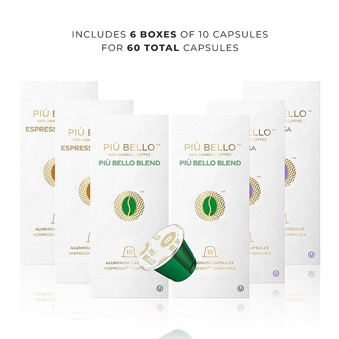 Piu Bello Espresso Coffee Pods for Nespresso Original Machines – Variety Pack – 3 Light Flavors: Chocolate Nuts Sweet Caramel – Rich &amp Balanced Taste Kosher (3-Flavor Multipack 60 Count)