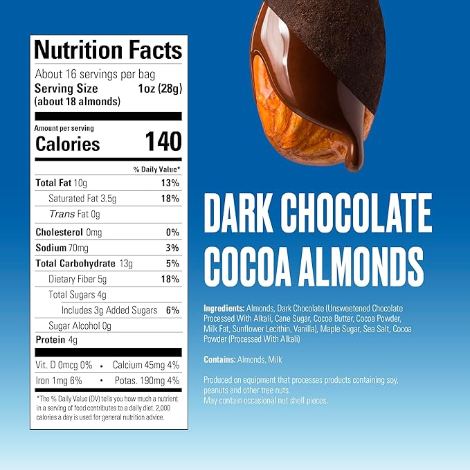 SkinnyDipped Dark Chocolate Cocoa Almonds 1lb Bag Healthy Snack Plant Protein Gluten Free Pack of 1