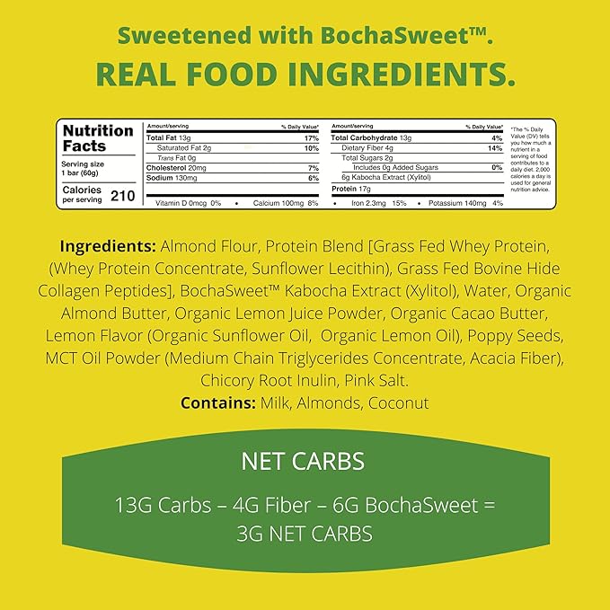 BochaSweet Keto Protein Bar Lemon Poppyseed BochaBar 17g Grass Fed Collagen Low Carb Keto-Friendly Gluten Free 12 Count
