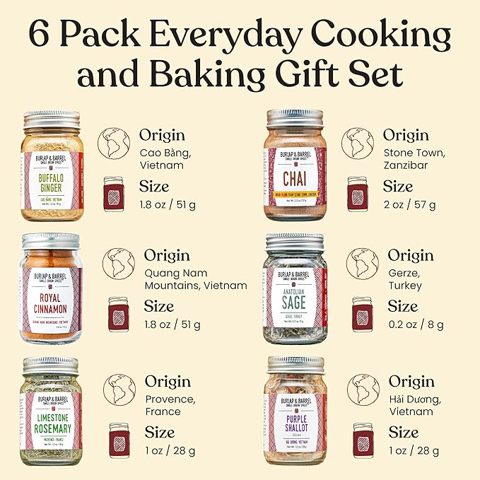 Burlap &amp Barrel Cooking &amp Baking 6-Pack Gift Set – As Seen on Shark Tank! Gourmet Spices for Home Chefs – Includes Cinnamon Rosemary &amp More – 6 Full-Size Jars