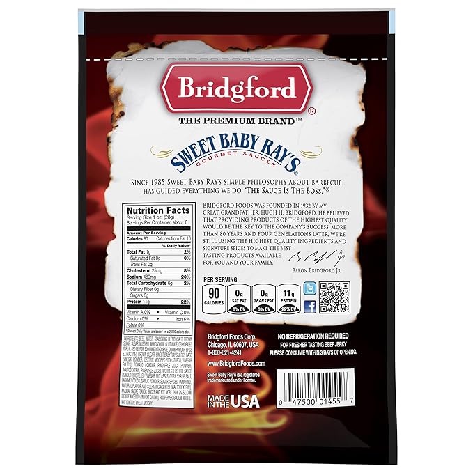 Bridgford Sweet Baby Ray’s Beef Jerky Sweet N Spicy 6.2 oz Pack of 3 - High Protein Sweetened Spicy Beef Jerky for Your Dietary Preference - Ready-to-Eat Snacks for On-the-Go Snacking