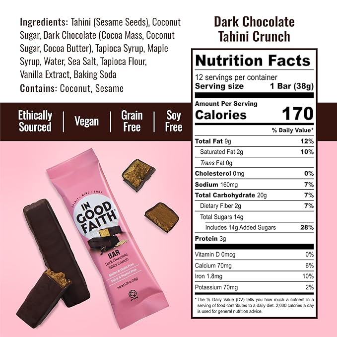 In Good Faith Dark Chocolate MapleTahini Crunch Bars Healthy Gluten Free Vegan Dairy Free Chocolate Bars (12 pack)