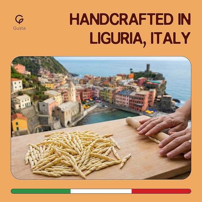Gusta Trofie Pasta - Authentic Durum Wheat Semolina Made in Italy - Bronze-Cut Texture Easy to Digest Clean Ingredients No Additives - Perfect for Pesto Sauces &amp Family Meals - 17.6oz (2 Pack