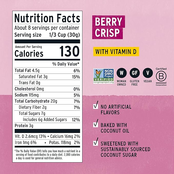 Purely Elizabeth Berry Crisp Granola wit Vitamin D Made with Organic Oats and Ancient Grains Gluten-Free Non-GMO (3 Ct 8oz Bags)