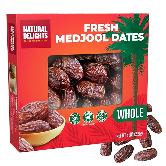 Natural Delights Medjool Dates – Large &amp Plump Whole Dates Medjool Non-GMO Verified Good Source of Fiber Naturally Sweet Fruit Snack Perfect for On-the-Go - Medjool Dates Whole 5 lb Box