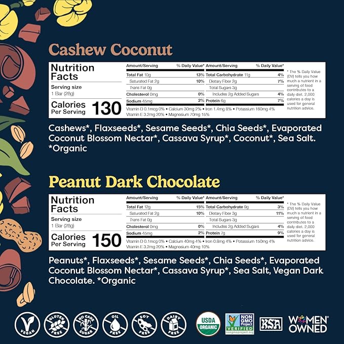 Tosi Cashew Coconut and Dark Chocolate Peanut Protein Bars Combo Plant Based with Nuts Gluten-Free Crunchy Snacks Vegan Organic Flax &amp Chia Seeds Soy-Free Omega 3s 6G/8G Protein 1 oz 12-