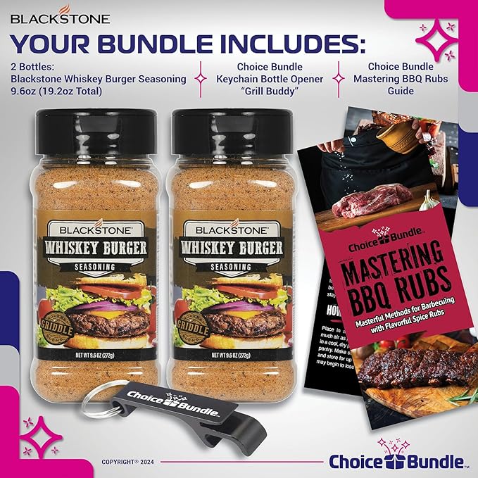 Blackstone Whiskey Burger Seasoning – Gourmet Griddle Premium Barbecue Rub 2 Pk (19.2 oz) + BBQ Masters &amp Opener (4 Items)!
