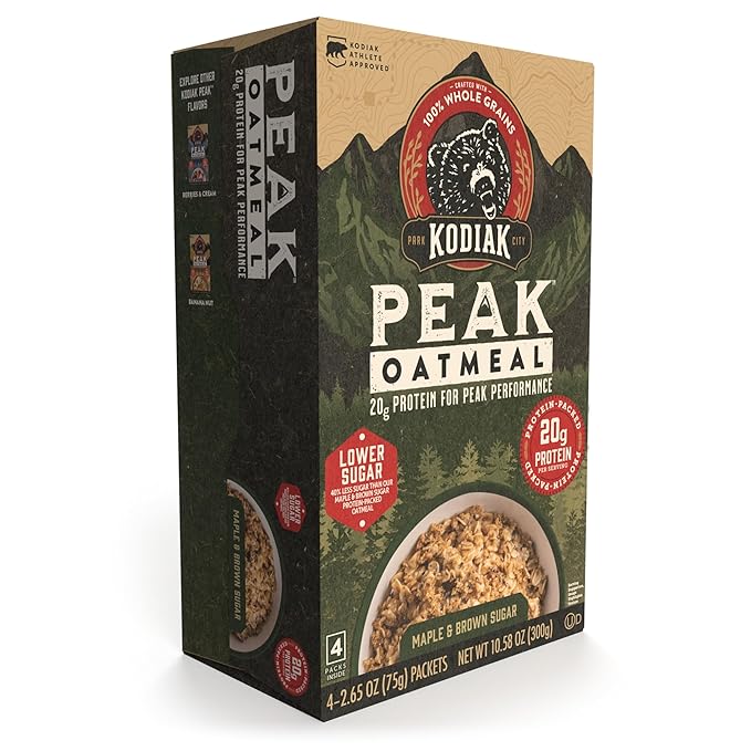 Kodiak Cakes Peak Instant Oatmeal Packets Maple Brown Sugar High Protein100% Whole Grains 6 box with 4 packets each (Total of 24 packets)