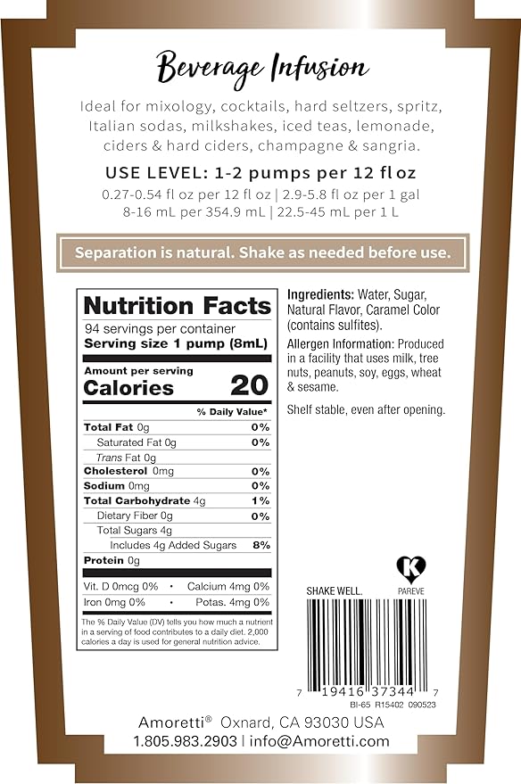 Amoretti - Espresso Coffee Beverage Infusion 94 Servings Per Bottle (750 ml) - Drink Mix &amp Water Enhancer with Pump for Flavoring Cocktails Waters Teas and other Beverages Preservative Free