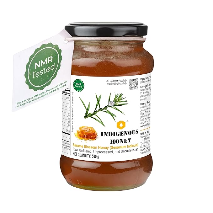 INDIGENOUS HONEY Sesame Til Honey Raw Organic Natural Pure Unprocessed NMR Tested Unpasteurized Unheated 530g Glass Jar Pack of 1