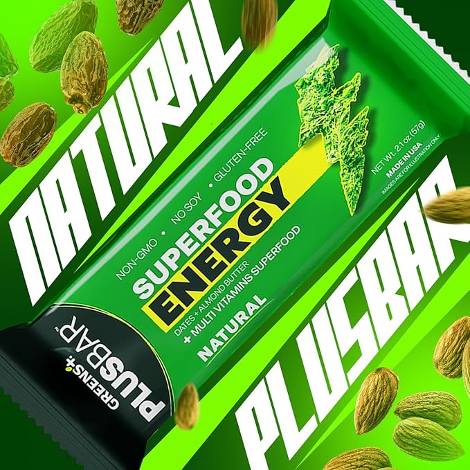 Greens+ Plusbar Energy Natural Gluten-Free Snack with Super Greens Superfoods &amp Almond Butter Vegan Dairy-Free Non-GMO 10g Protein Meal Replacement 12 Pack