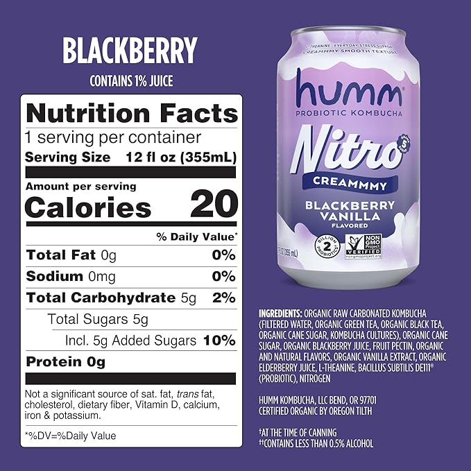 Humm Nitro Kombucha Blackberry Vanilla Creamy Smooth Probiotic Drink with L-Theanine Non-GMO Vegan Gluten Free 12 fl oz (Pack of 12)