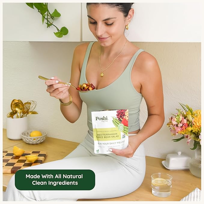 POSHI Mediterranean Three Bean Salad Natural Keto Vegan Non GMO Low Carb + Calorie Gluten Free Ready to Eat Fully Cooked Vegetables Pentry Food Gourmet Healthy Travel Food 6 Pack 4.4 oz