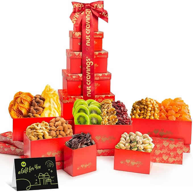 NUT CRAVINGS - Easter Dried Fruit &amp Mixed Nuts Gift Basket Red Tower + Heart Ribbon (12 Assortments) Ramadan Gifts Food Arrangement Healthy Snack Care Package Kosher