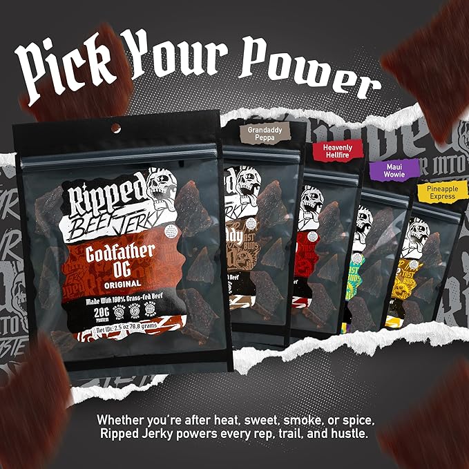 Ripped Beef Jerky - 100% Grass Fed Beef 20g Protein Real Ingredients Gluten Free No MSG Made in USA (2.5 Ounce (Pack of 5) Variety Pack)