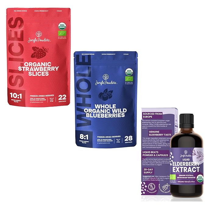 Jungle Powders Freeze Dried Strawberry Slices 3.2 Ounce Bag + Organic Blueberries Fresh Freeze Dried + Organic Elderberry Syrup USDA Certified 3.4 fl oz Bottle