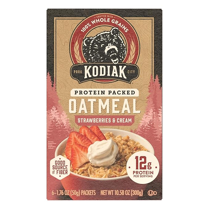 Kodiak Instant Oatmeal Packets Strawberries &amp Cream High Protein 100% Whole Grains 6 boxes with 6 packets each (36 packets total)