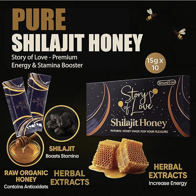 Organic Shilajit Honey Made With Natural Royal Jelly and Mixed Herbals- Pack of 12 Sachets Each 10 Grams