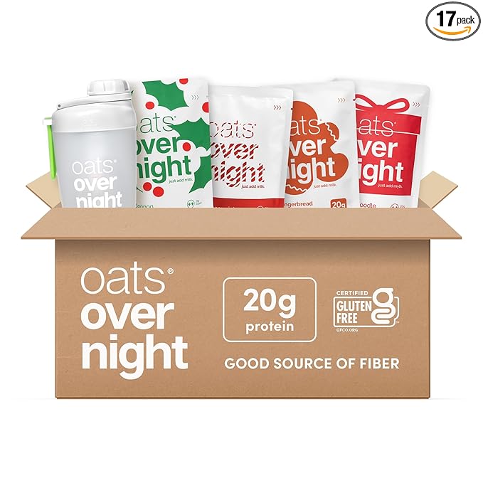 Oats Overnight - Holiday Variety Pack 20g Protein 5g Fiber Breakfast Shake - Gluten Free Non GMO Oatmeal Snickerdoodle Gingerbread &amp More (16 Pack + Shaker Bottle)