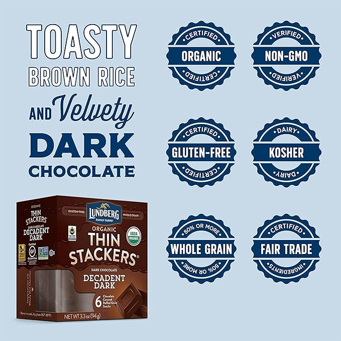 Lundberg Organic Thin Stackers Rice Cake Decadent Dark Chocolate Fair Trade Kosher USDA Certified Organic Gluten Free &amp Non-GMO 3.3 Ounce (Pack of 6)