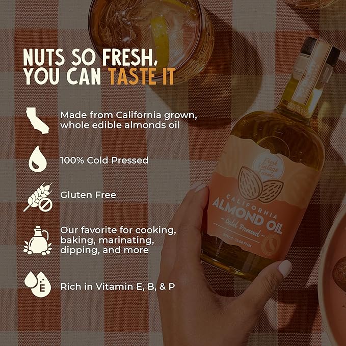 Fresh Vintage Farms 100% Cold Pressed Sweet Almond Oil | Nutrient-Rich Healthy Cooking Oil for Cooking Baking Grilling Dipping &amp Salads | Cold Pressed Almond Oil - 12.68 Fl oz Pack of 6