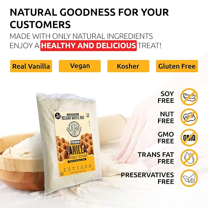 OldSoul Professional Belgian Waffle Mix | GLUTEN FREE &amp VEGAN | Crispy | 30 Lbs | Vanilla Flavor | 168 Waffles (30 Lbs Gluten Free &amp Vegan)