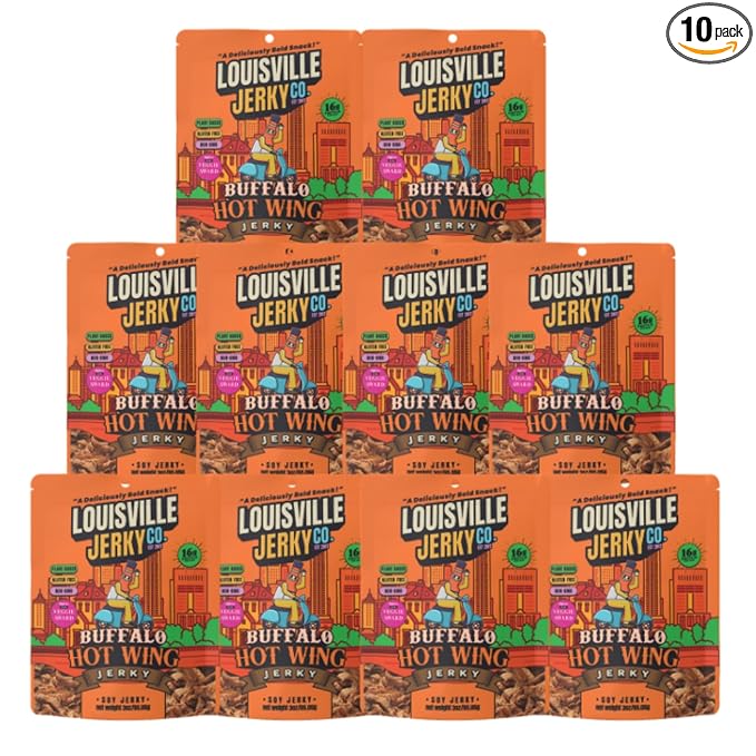 Louisville Vegan Jerky - Buffalo Hot Wing Vegan and Vegetarian Meat - Lip-Smacking Jerky - Gluten-Free High Protein Vegan Snacks 18 grams of Non-GMO Soy Protein - 3 oz 10 Pack