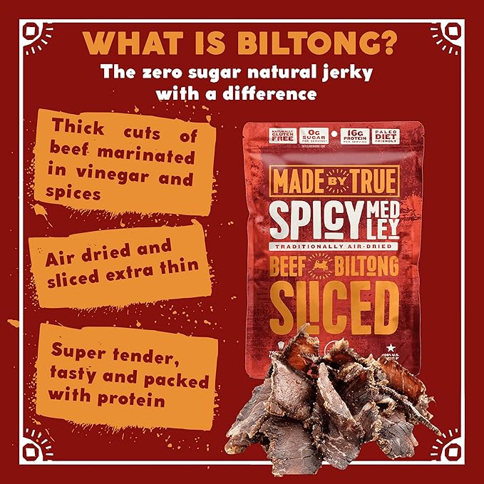 Made by True Beef Sliced Bites - All NaturalTrue Jerky Biltong - High Protein Keto Paleo &amp Whole30 Diet - Sugar-Free Gluten-Free Carb-Free Snack Packs (Spicy Medley 2 Ounce (Pack of 2))