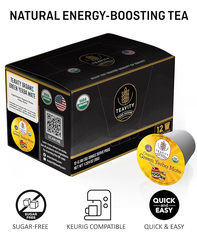 Organic Yerba Mate Tea Pods for Keurig - Green Unsmoked Yerba Mate by Teavity (36 Tea Pods)