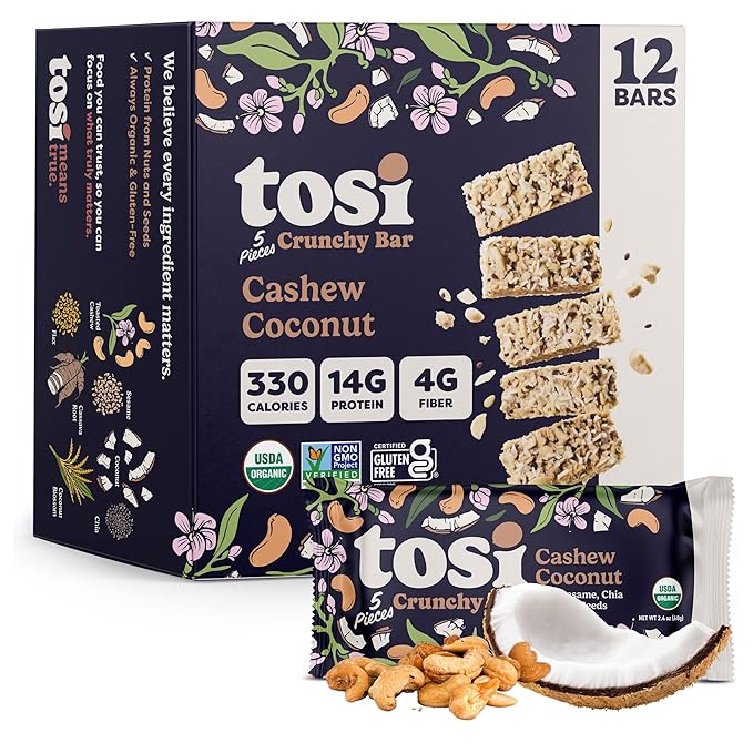 Tosi Meal Nut Bars Cashew Coconut Healthy Snacks for Adults &amp Kids Crunchy Plant Based Protein Bar (14G) Keto Snacks Vegan Gluten &amp Soy Free Low Sugar Omega 3s 2.4oz 12-Pack