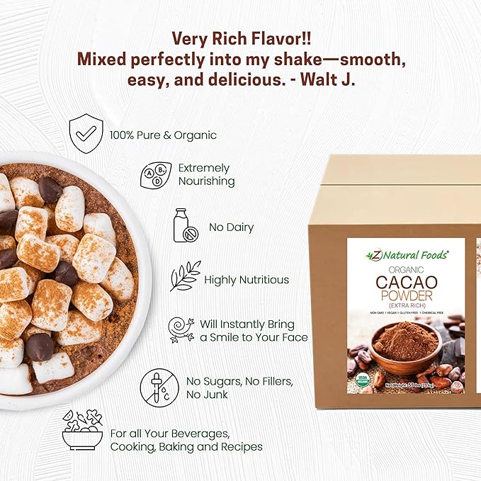 Premium Organic Cacao Powder - 55 lbs - Extra Rich - The Essence of Dark Chocolate - Product of Switzerland - 100% Pure Cold-Pressed Vegan Non GMO Gluten Free Kosher