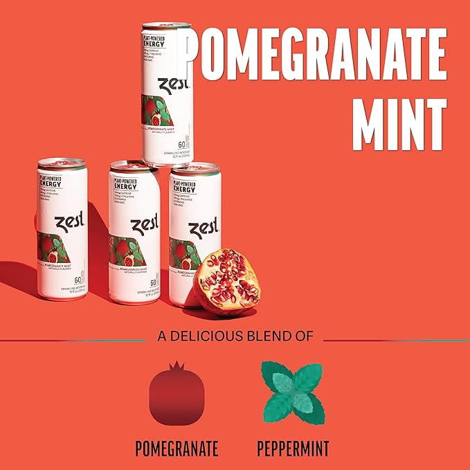 Zest Clean Energy Drink – Pomegranate Mint – 150mg Caffeine + 100mg L-Theanine – Natural Focus &amp Concentration Boost – Healthy Energy Drink 12oz Can 12 Pack – Low Sugar No Artificial Sweeteners