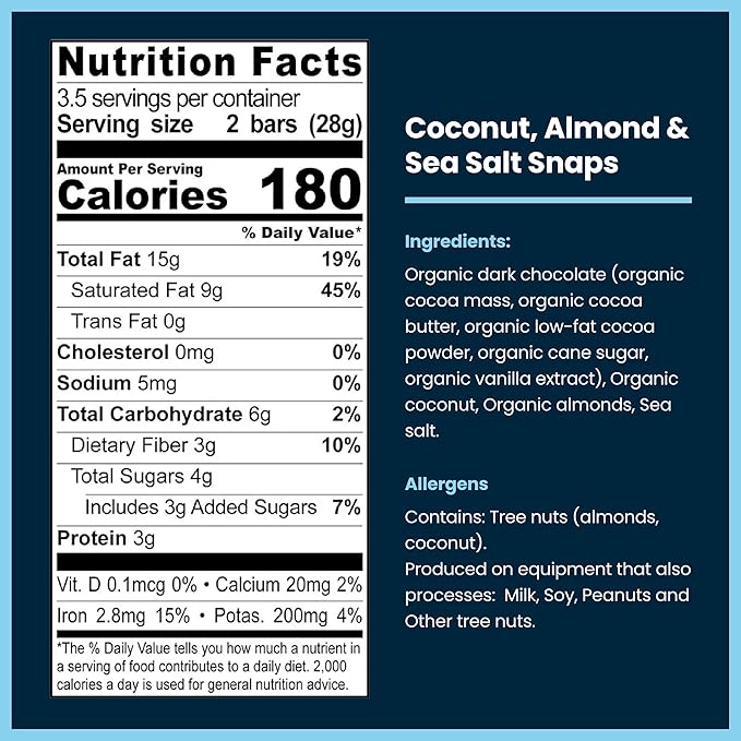 Chocxo Dark Chocolate Coconut Almond &amp Sea Salt Snaps - Low in Sugar Organic 85% Cacao Non-GMO Keto Certified Gluten Free &amp Kosher. No Artificial Sweeteners or Sugar Alcohols 3.45 oz (Pac