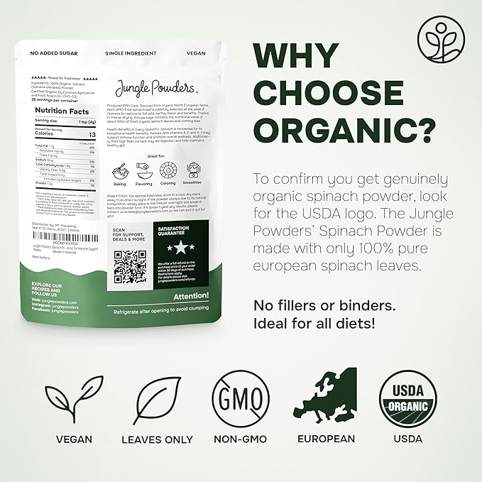 Jungle Powders Freeze Dried Strawberries Organic USDA Certified Strawberry Slices 3.2 Ounce Bag + Organic Spinach Powder from Whole Leaf 5 Ounce Bag USDA Certified - Antioxidant Rich