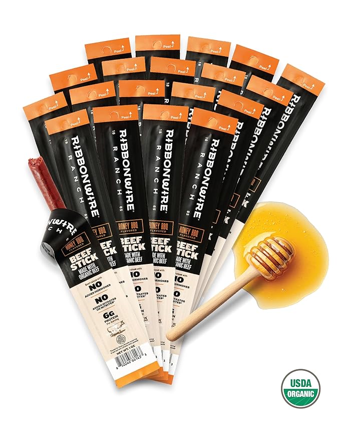 Ribbonwire Ranch Beef Sticks Made with Organic Beef Pasture Raised High Protein Snack Healthy Low Carb Keto Friendly Gluten Free Nitrate Free On the Go 1 Oz Sticks Honey BBQ Flavor 20 Pack