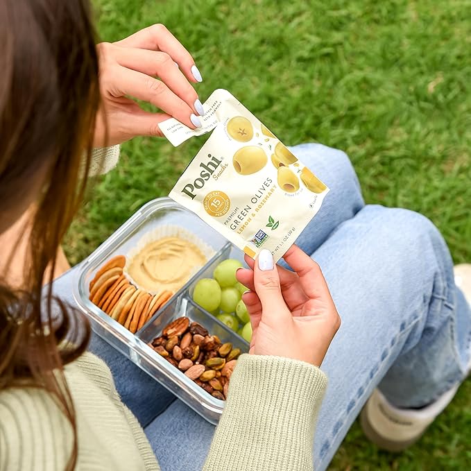 Poshi Green Pitted Olives | Lemon &amp Rosemary | Vegan Kosher Gluten Free + Keto Friendly Fresh All Natural Low Calorie Healthy Snacks | (30 Pack 1.1oz Bags)