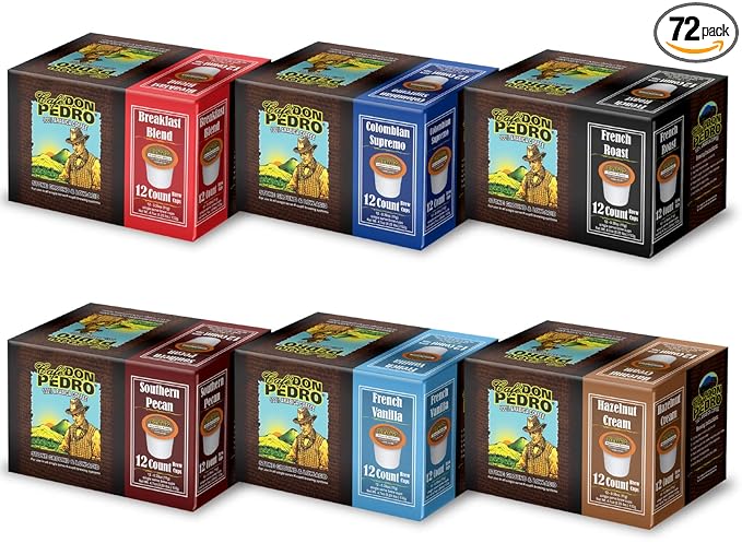 Cafe Don Pedro Variety Pack Arabica Low Acid Coffee Pods - Compatible with Keurig K-cup Coffee Maker 6 different flavors 100% Arabica Battles Heartburn Acidic Reflux 72 Coffee K Cups
