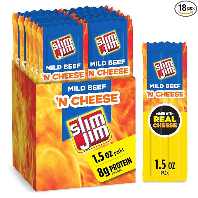 Slim Jim Beef 'N Cheese Smoked Meat Sticks Mild Flavor 8g Protein Per Serving Easter Basket Stuffer for Men 1.5 oz. (18 Count)