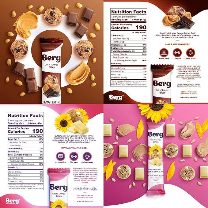 Berg Energy Bites Variety Pack – Plant-Based Protein Snack with 16g Protein &amp 1g Sugar – Vegan Gluten-Free Low Sugar High Fiber Non-GMO Prebiotic Superfood Bites – 1.5oz (8 Pack)