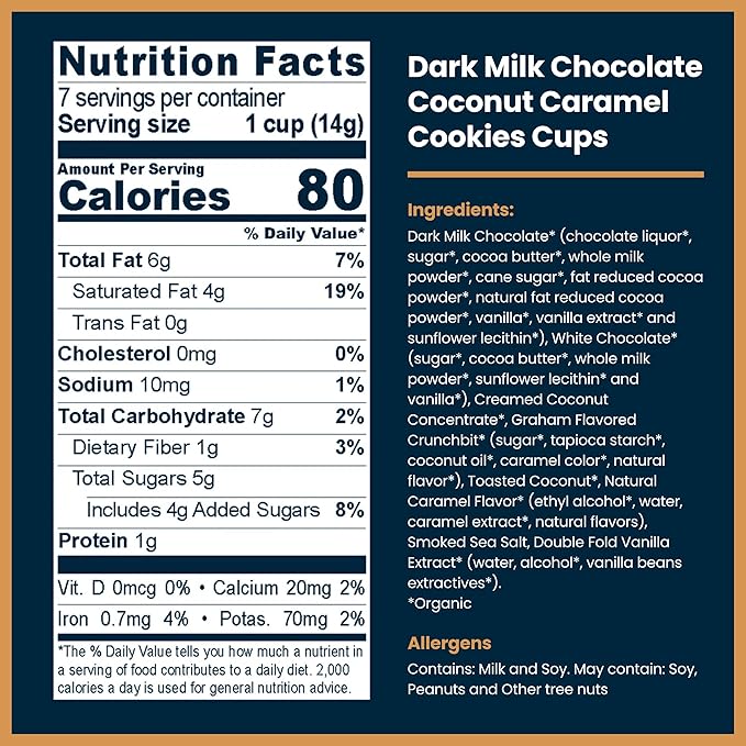 Chocxo Dark Milk Coconut Caramel Cookie Cups - Lower Sugar Organic NonGMO Keto Gluten Free Kosher. 58% Cacao No Artificial Sweeteners/Sugar Alcohols 3.45 oz (Pack of 6)